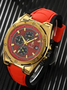 Reloj de cuarzo de lujo para hombre con caja dorada, esfera roja y correa de silicona.