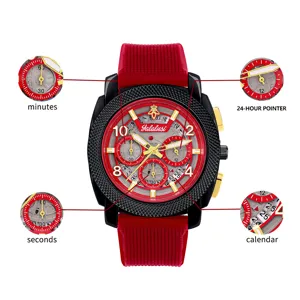 Detailed view of Yalalusi men's red quartz sports watch showing sub-dials, calendar and hands.