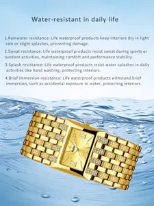 Reloj de cuarzo rectangular de lujo para mujer con correa dorada de diamantes y sumergible.
