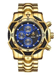 Reloj cronógrafo para hombre dorado de gran tamaño con esfera negra texturizada y subesferas azules.