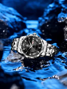 Herren Quarz-Geschäftsuhr mit silbernem Metallarmband, facettierter Lünette und schwarzem Zifferblatt.