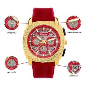 Yalalusi men's quartz sport watch detail view, featuring gold case, red dial and calendar.