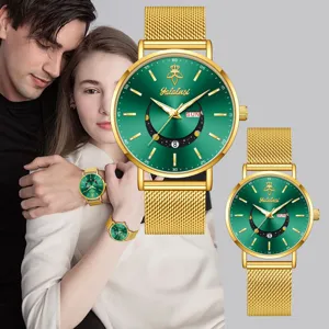 Reloj de cuarzo de lujo para mujer Yalalusi esfera verde correa malla dorada calendario.