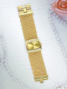 Elegant gold women's watch featuring a beaded mesh strap and sparkling rhinestone bezel details.