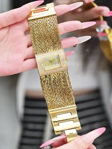 Goldene Damenarmbanduhr mit quadratischem Strass-Zifferblatt und Mesh-Armband, elegante Modeuhr.