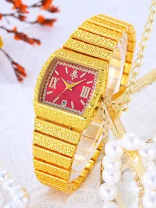 Montre à quartz carrée dorée de luxe pour femme avec cadran rouge et affichage date.