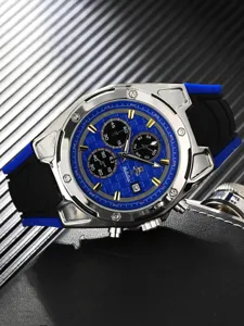 Reloj de cuarzo para hombre con esfera texturizada azul y correa de silicona deportiva.