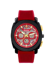 Yalalusi men quartz watch detail view, featuring large red dial and black silicone strap.