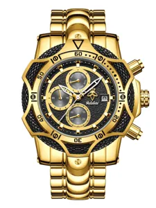 Reloj cronógrafo de oro para hombre de lujo con esfera negra texturizada y correa de metal.