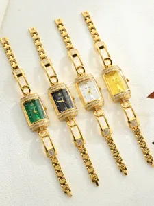 Women quartz watch luxury rectangular crystal gold bracelet fashion wristwatches set