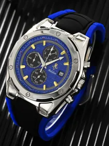 Reloj de cuarzo para hombre de lujo con esfera azul, subesferas de cronógrafo y correa de silicona.