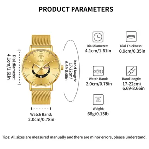 Detalle de reloj de cuarzo dorado con diámetro de esfera de 4,1 cm, grosor de 0,9 cm y correa.