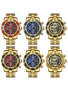 Reloj de pulsera cronógrafo dorado grande de lujo para hombre con esfera múltiple y bisel.