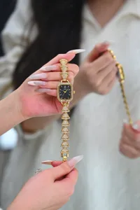 Luxury gold square dial women watch with rhinestone fan shaped strap elegant timepiece