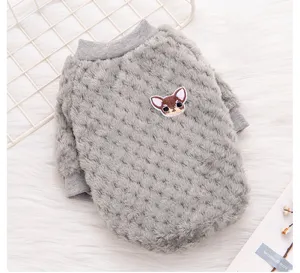 Grey fuzzy pet sweatshirt with cute animal patch, soft fleece dog clothes for small pets.