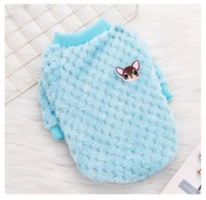 Cute blue fluffy pet sweater for small dogs and cats, warm fleece apparel with embroidery.