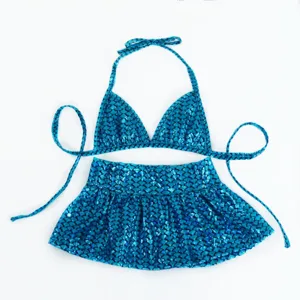 Charming blue metallic fish scale pet bikini and skirt set for summer cats and dogs swim.
