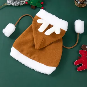 Cute Christmas pet cloak for cats dogs, warm brown hooded cape with fluffy reindeer antlers.
