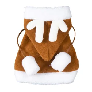 Cute Christmas pet cloak with reindeer antlers and plush trim, warm winter cape for cats dogs.