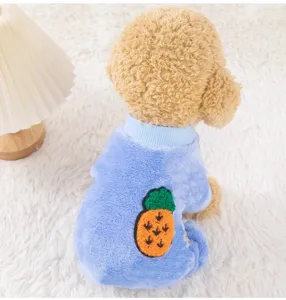 Detailed view of a cute blue pet onesie with pineapple embroidery, soft plush dog winter clothing.