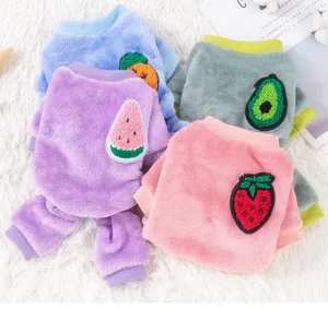 Cute plush pet dog clothes winter warm fleece four-leg apparel with fruit patches for small pets