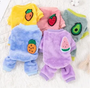 Cute warm fleece pet jumpsuit winter dog clothes for small puppy and cat with fruit patches
