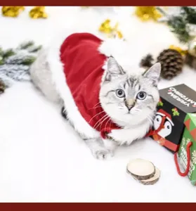 Detail view of the cute pet Christmas cape costume, soft velvet cat cloak for holiday party.