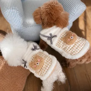 Cute plush dog vest with adorable bear applique and plaid design, warm pet winter clothing.