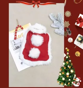 Pet Christmas red cape costume with white plush balls, festive cat dog cloak apparel.