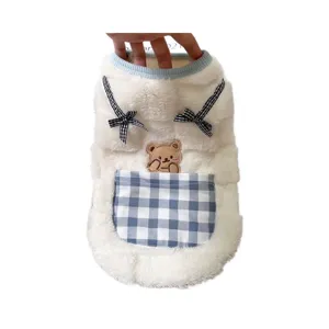Cute winter warm pet vest for small dogs and cats, soft plush puppy clothes with plaid pocket.