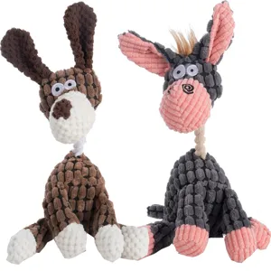 Corduroy dog chew toy with squeaker and rope neck, soft plush pet teething toy for puppy.