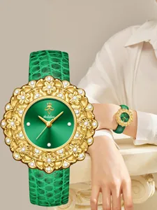 Luxury green dial women watch with gold floral crystal bezel and green leather strap.