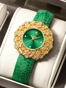 Green dial luxury women watch gold floral crystal bezel elegant leather strap jewelry timepiece