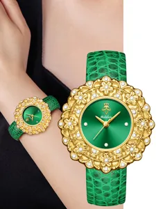 Luxury emerald green ladies watch with sparkling crystal floral bezel and chic leather strap.