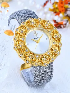 Exquisite luxury rhinestone flower watch with grey snakeskin strap for women detail view