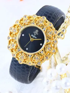 Luxury women watch with rhinestone floral bezel, black leather strap and dial for daily wear.