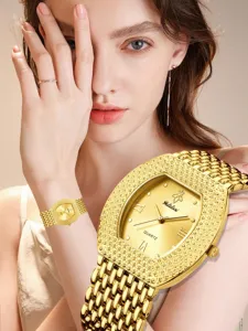 Gold tonneau quartz watch for women, luxury rhinestone paved dial and metal strap fashion timepiece.