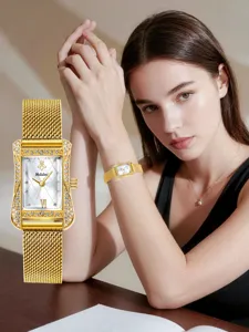 Detail view of square rhinestone quartz watch with gold mesh strap and elegant bee dial.