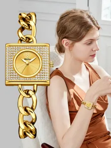 Reloj cuarzo mujer lujo esfera cuadrada circonitas con correa cadena dorada elegante.