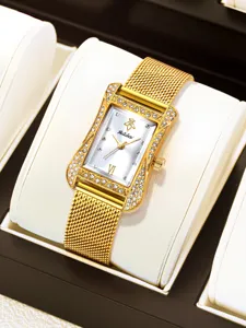 Detailed view of the elegant rectangular quartz women watch with sparkling rhinestones and mesh strap.