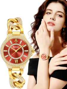 Yalalusi Reloj de Cuarzo Mujer Pulsera Cadena Oro Esfera Roja Strass Moda Elegante