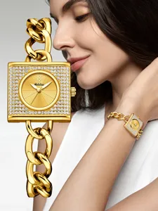 Reloj de cuarzo para mujer cuadrado dorado de lujo con diamantes de imitación y cadena