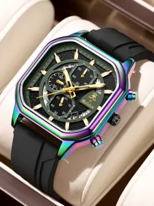 Reloj de cuarzo multifuncional para hombre con caja de arco iris cuadrada y esfera verde.