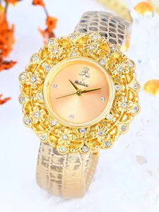 Yalalusi luxury women quartz watch gold crystal floral bezel snake leather strap chic