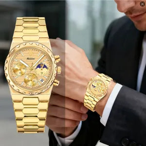 Men gold quartz watch stainless steel luxury business wristwatch with moon phase dial.