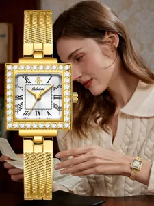 Women gold square quartz watch with diamond bezel roman numerals and mesh strap detail view.