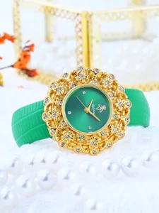 Luxury green dial women watch with rhinestone floral bezel and green leather strap elegant