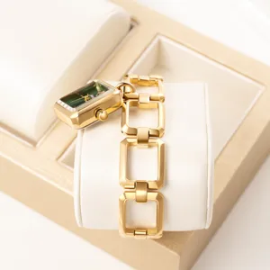 Yalalusi reloj mujer cuadrado esfera verde pulsera eslabones huecos dorado lujo