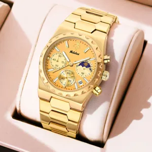 Gold luxury men's quartz watch detail, business wristwatch featuring moon phase and subdials.