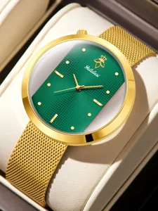 Close-up view of Yalalusi women luxury quartz watch featuring a green dial and gold mesh strap.
